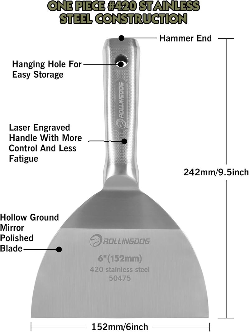Rolling Dog 6 inch Putty Knife - 420 Stainless Steel Spackle Knife Drywall Knife One Piece Mirror Polished Blade for Scraping Paint, Taping - Image 3